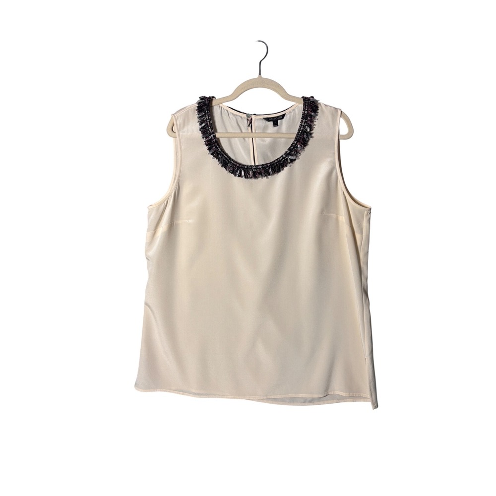 St. John Womens Silk Blend Sleeveless Top XL Ivory Fringe Neckline Quiet Luxury
